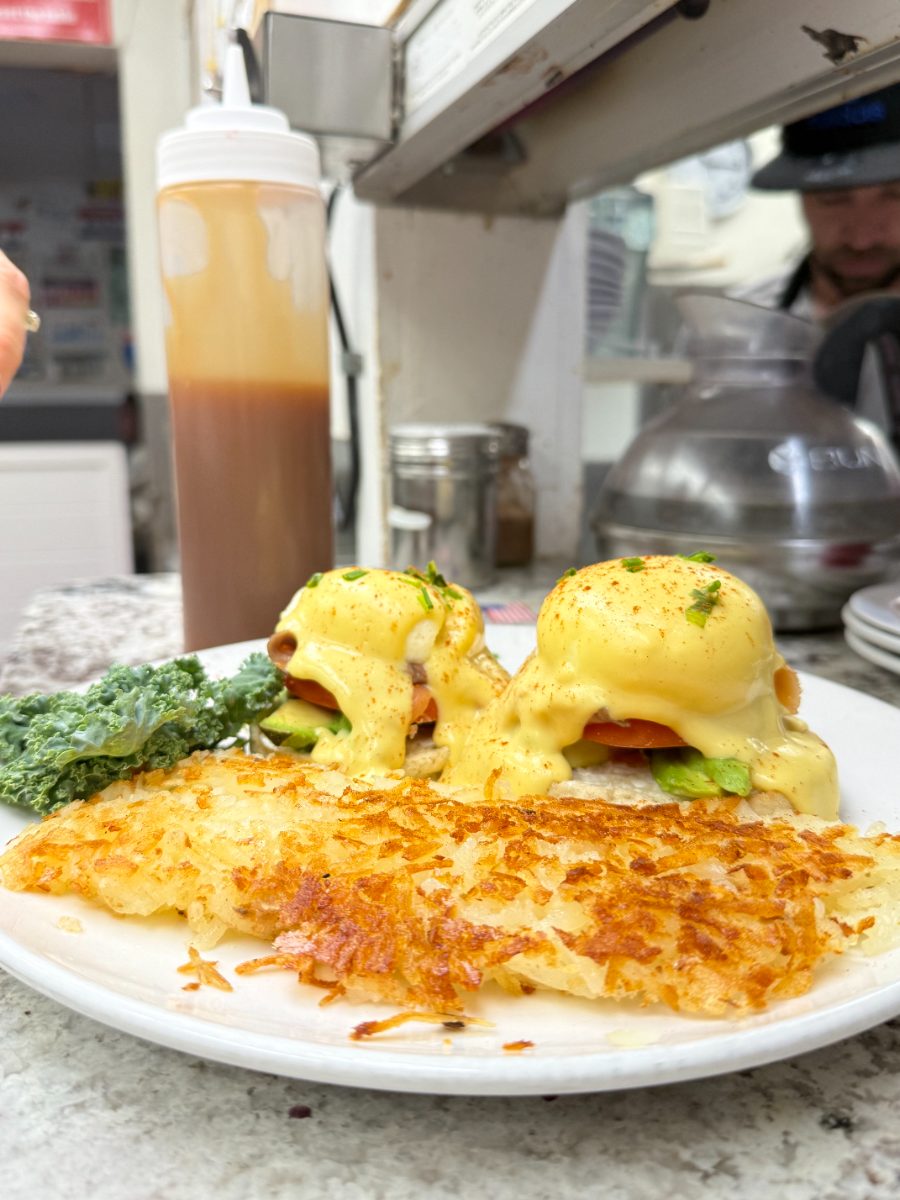 Smoked salmon Benedict with hollandaise and golden hash browns