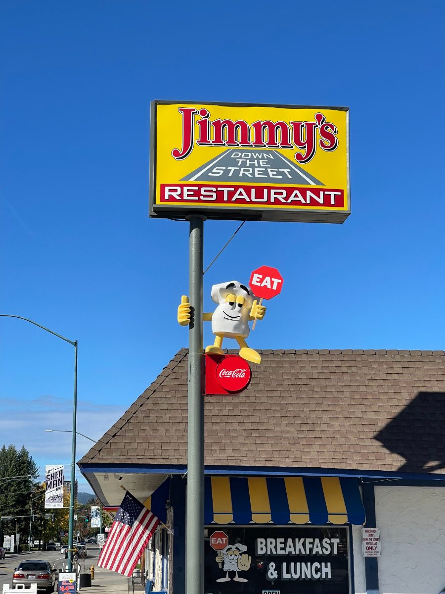 Jimmy's Down the Street Restaurant sign with the EAT chef mascot against a blue sky