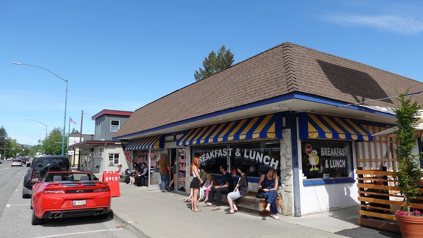 Guests waiting outside Jimmy's Down the Street on a sunny day on Sherman Ave